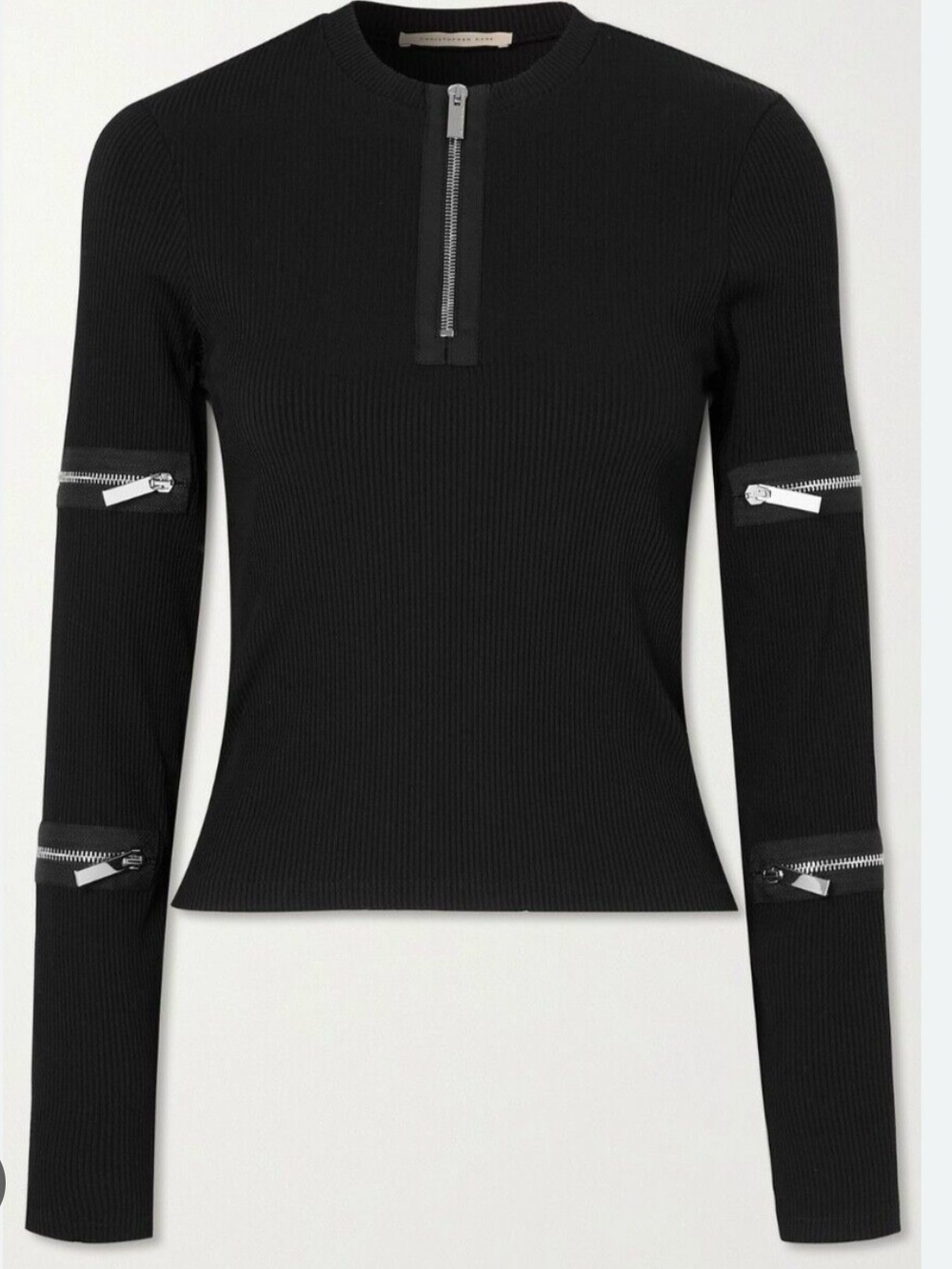 Christopher Kane Black Ribbed Zip-Accent Long Sleeve Top